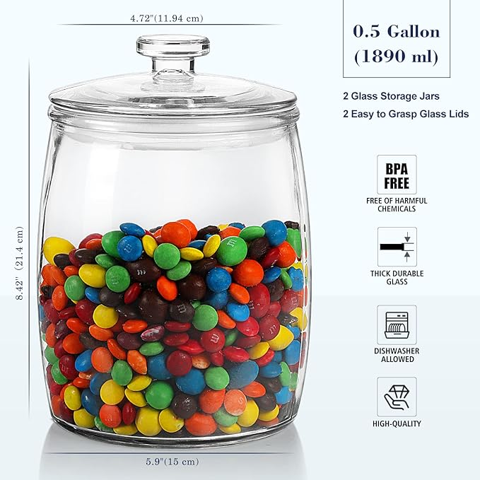 Half Gallon Glass Jars with Lid, Wide Mouth Cookie Jars Set of 2, Apothecary Jar for Candy, Glass Canisters for Kitchen Storage and Laundry Organization