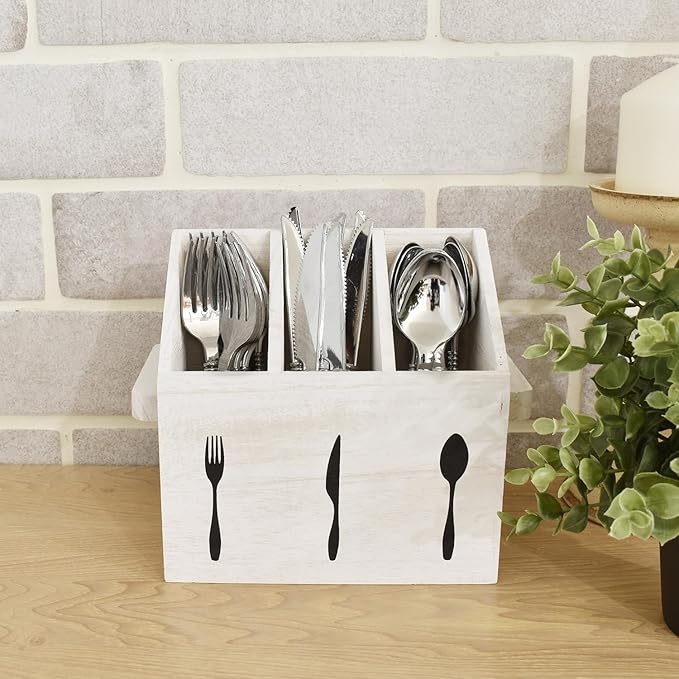 Ikee Design 2 Pcs Set Wooden Utensil Caddy with Handles, Silverware Caddy , Silverware Holder for Countertop ,Party ,Camping and Kitchen, Silverware Organizer, White Color
