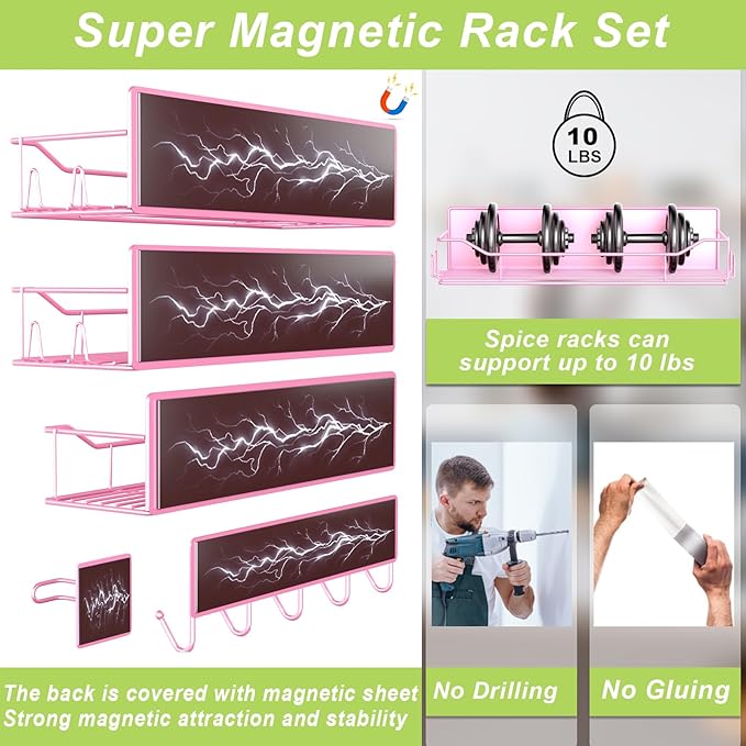 Magnetic Spice Rack for Refrigerator, 9 Pack Magnetic Fridge Shelves W/Adjustable Paper Towel Holder, Hook Rack, Moveable Spice Organizer Shelf for Kitchen Organization and Storage (Pink)