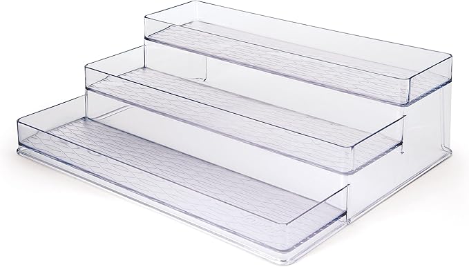 Copco 3 Tier Clear Stadium Organizer with Deep Shelves Versatile Storage for Spices Pantry and Supplies Durable Plastic 3.75 Inch Shelves