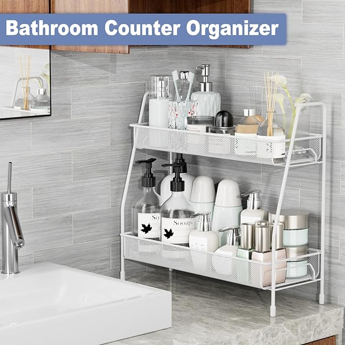 EKNITEY Bathroom Countertop Organizer Rack - 2 Tier Counter Spice Rack Metal Makeup Rack Small Perfume Vanity Organizer for Sink/Bedroom/Living room/Kitchen/Office