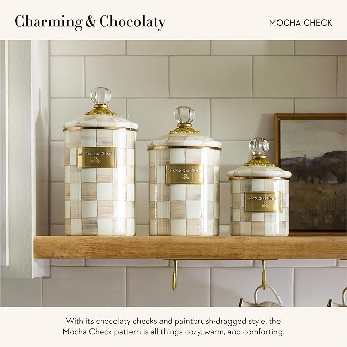 MACKENZIE-CHILDS Large Enamel Canister, Kitchen Storage Container with Lid, Brown-and-White Mocha Check