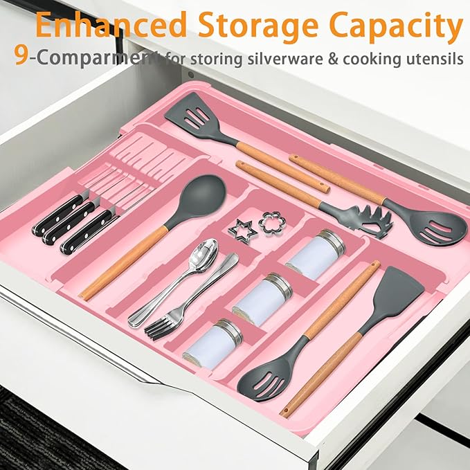 Utensil Drawer Organizer for Kitchen, Expandable Silverware Organizer Cooking Utensils Tray, Large Cutlery and Flatware Holder, Kitchen Tools & Gadgets Storage (Pink)
