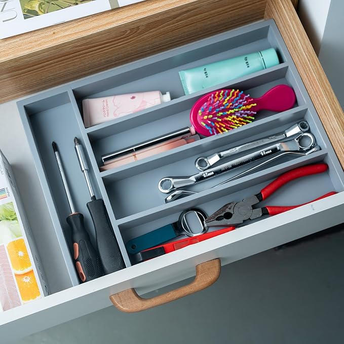 Silverware Organizer Bamboo Kitchen Drawer Organizer, Flatware Organizer Tray for Kitchen, Flatware, Utensils(Gray)