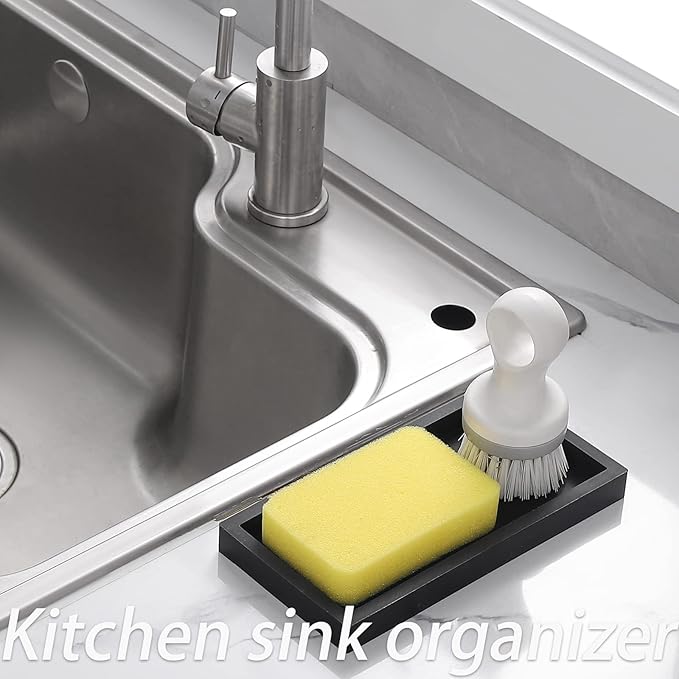 Small Silicone Bathroom Vanity Tray Rectangle Soap and Sponge Holder Kitchen Sink Organizer for Scrubber, Lotion Bottles, Perfume, Jewelry, Candle, Key Trinket Ring, Black