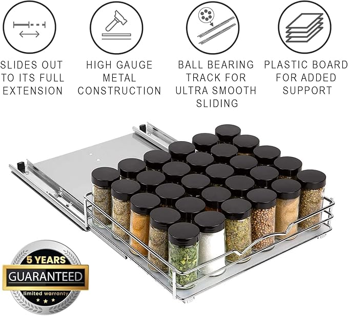 Pull Out Cabinet Organizer for Spices, Cans - Heavy Duty with Lifetime Limited Warranty- Pull Out Spice Rack- Cabinet Pull Out Shelf for Cans,Dishes, Etc, 12-3/8"Wx 10-1/2"D x 2-3/4” H, Chrome