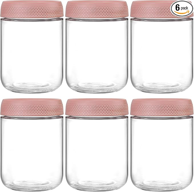 NETANY 6-pack 16oz Glass jars with Airtight Lids, Overnight Oats Containers with Lids, Wide mouth Mason Salad jars, Glass Food Storage Containers for Snacks Yogurt Spice Sugar-Pink