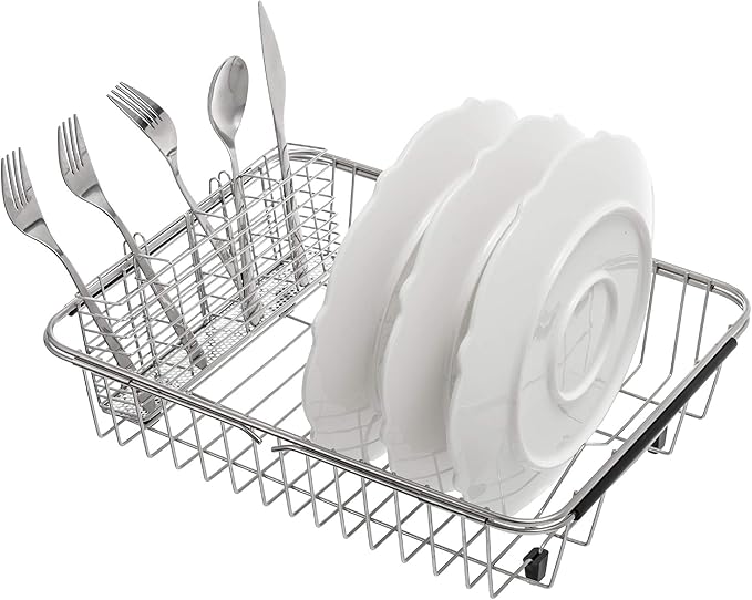 Slideep Stainless Steel Cutlery Utensil Holder Silverware Organizer with Hooks removable Drying Rack Silverware Holder Utensil Cutlery Basket Kitchen Dish Drainer Dish Drying Rack