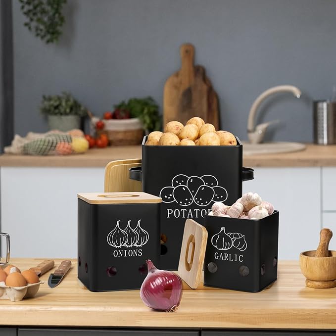 WUWEOT 3 Pack Vegetable Storage Tins, Potato Onion Garlic Storage Canister, Black Metal Vegetable Fresh Keeper Caddy, Kitchen Pantry Organizer Jars with Bamboo Lid and Aerating Holes