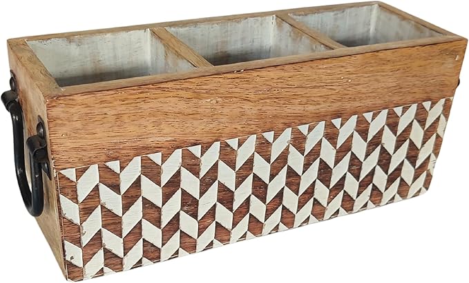 VANIYA CRAFTSR® Handmade Wooden Carved Design Compartments Cutlery Utensil Holder For Napkins, Spoons, Forks, Tissues, Knife (Natural White Finish)