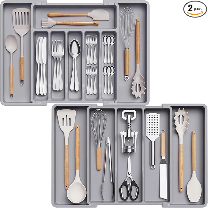 Lifewit Silverware Drawer Organizer and Utensil Organizer Set, Expandable Cooking Cutlery Tray for Kitchen, Adjustable Plastic Flatware Holder Storage Divider for Spoons Forks Knives, Large, Gray