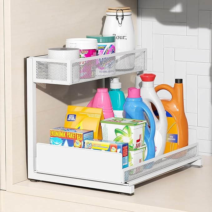 2 Pack Under Sink Organizer and Storage, 2 Tier Pull Out Cabinet Organizer, Slide Out Under Sink Storage Shelf, Undersink Organizers Shelves for Kitchen Bathroom Pantry Organization (White)