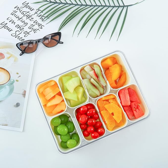 Snackle Box Container, 8 Compartment Divided Serving Tray with Lid and Handle, Snack Box Container for Candy, Fruit and Snacks, Great for Gatherings, Outings, Parties and Entertaining