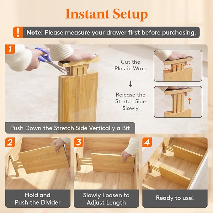 Lifewit 6 Pack Drawer Dividers Bamboo 6" High, 11-17" Adjustable Drawer Organizers for Clothes, Expandable Dresser Separators in Bedroom/Bathroom/Kitchen/Fridge/Office Organization and Storage