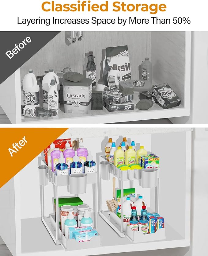 Under Sink Organizers and Storage Bathroom 2Pack, 2 Tier Kicthen Cabinet Basket Organizer, with Hooks, Hanging Cup, Dividers, Handles, Multi-purpose Under Sink Shelf Organizer, White