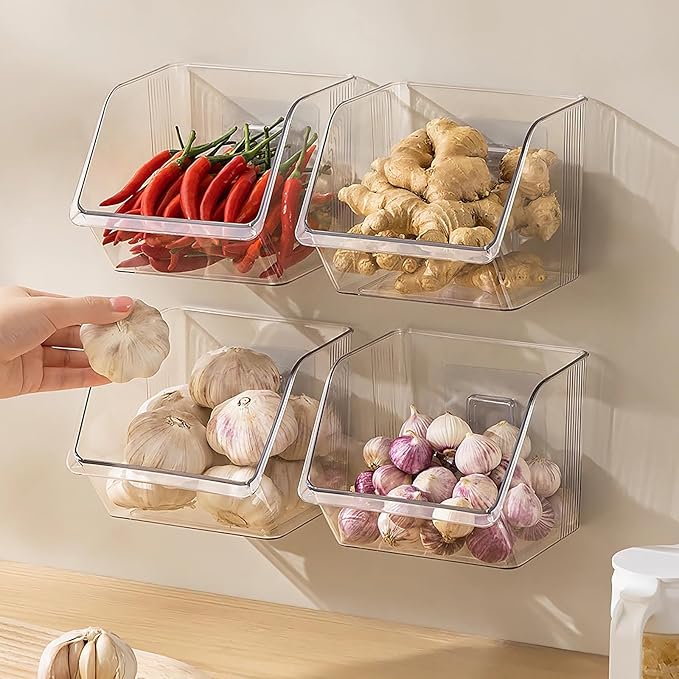 3-Pack Small Clear Storage Baskets, Adhesive Spice Rack Wall Mount for Countertop/Cabinet/Bathroom, Plastic Storage Bins Kitchen Wall Organizer and Storage Shelves, Spice Organizer