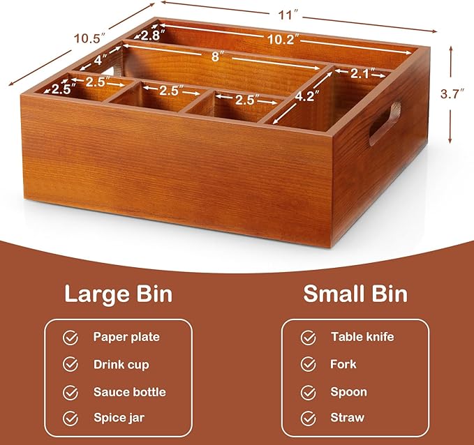 Brown Utensil Holder for Party - Wood Paper Plate Organizer for Countertop - Silverware Caddy with 6 Compartments for Plate Cup Fork Spoon - Cutlery Holder for Kitchen Camping Buffet