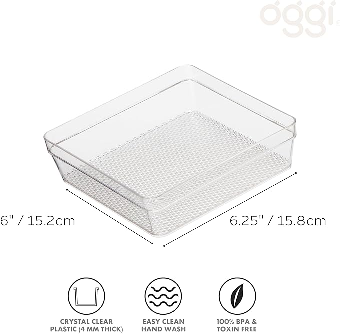 Oggi Clear Drawer Organizer - 6" X 6.25"- Ideal for Organizing Kitchen Drawers, Office, Desk, Silverware, Kitchen Utensils, Cosmetics and Bathrooms