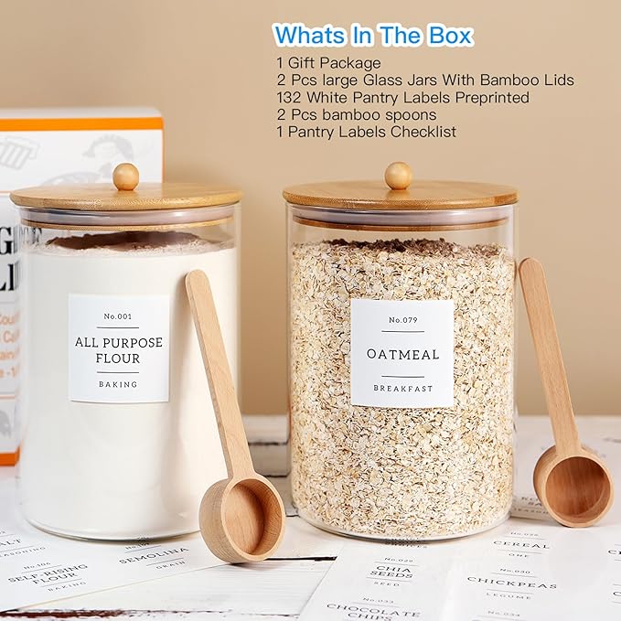 2 Pcs Large Jar with Lid for Kitchen Counter with 132 Pantry Labels and Spoon,Glass Canister Food Storage Container, Flour Container, Kitchen Storage Jars for Candy, Cookie (100oz X 2)