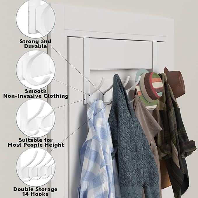 2 Pack Over The Door Hooks, Sturdy Door Hanger, Large Over The Door Towel Rack with 12 Hooks, Heavy Duty Easy to Install, for Bathroom, Bedroom,Kitchen,Hanging Towels, Coats (White)