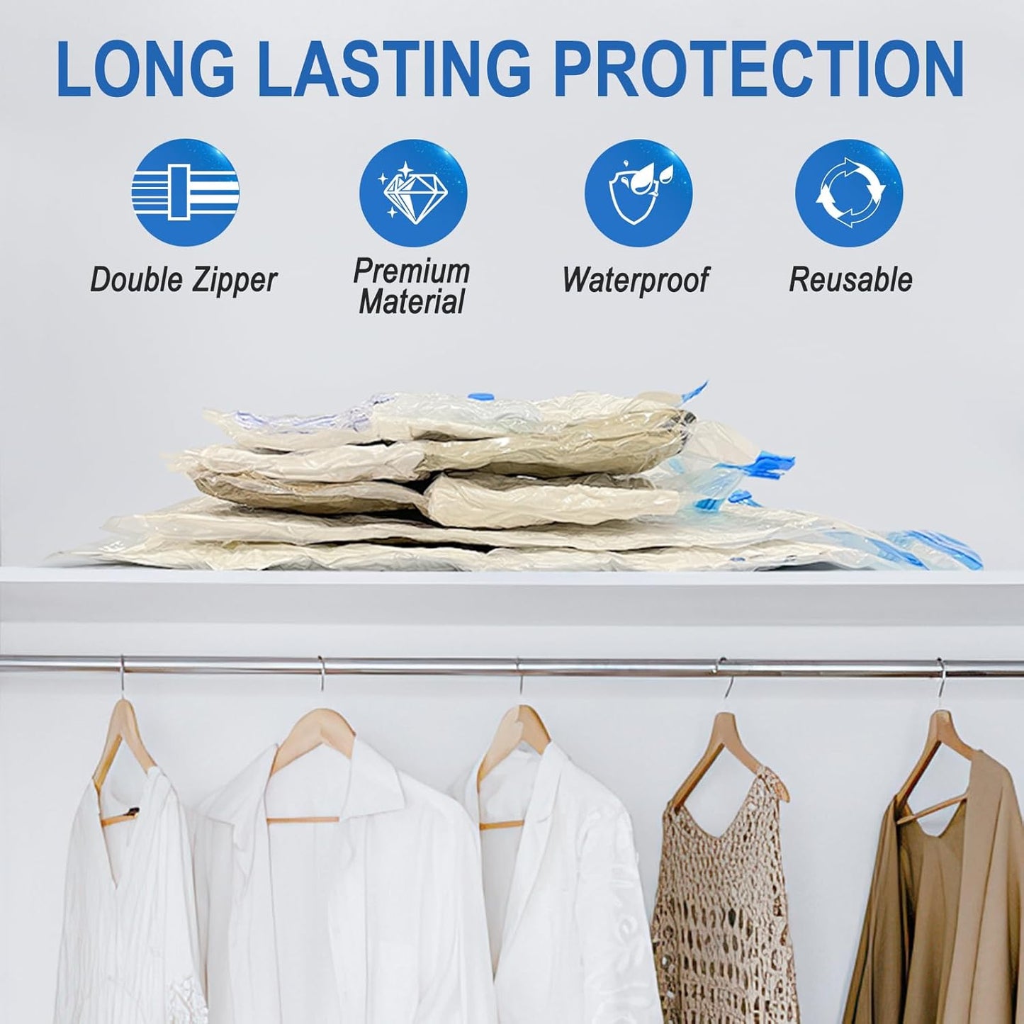 16 Pack Vacuum Storage Bags with Hand Pump, 4 Jumbo + 4 Large + 4 Medium + 4 Small Plastic Packaging Bags, 80% Space Saver Vacuum Seal Bags for Clothing, Travel Lugggage, Blankets, Comforters