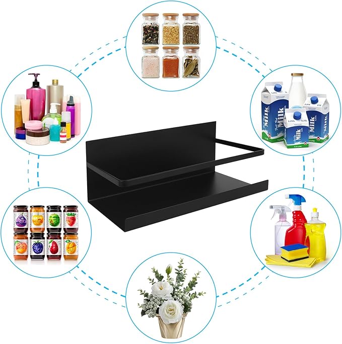Magnetic Spice Rack for Refrigerator, 2 Pack Magnetic Shelf Spice Organizer for Spice Jars, Fridge Seasoning Organizer Spice Holder Magnet Shelves + 4 Hooks for Kitchen Pantry