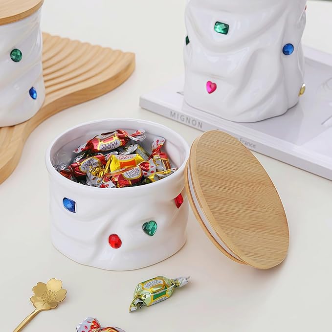 Ceramic Jar with Lid, Food Storage Jars with Bamboo Airtight Lids, Pantry Organizers and Storage Canisters for Tea, Sugar, Candies, Coffee Beans Canister (23.7 oz-white)