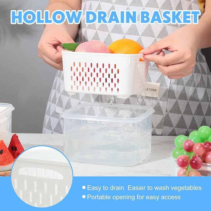 6 Pcs Fruit Storage Containers for Fridge, Food Storage Containers Berry Produce Fridge Organizer with Removable Colander Keep Fruits, Vegetable, Veggie, Meat Fresh Longer(Small, Medium, Large)