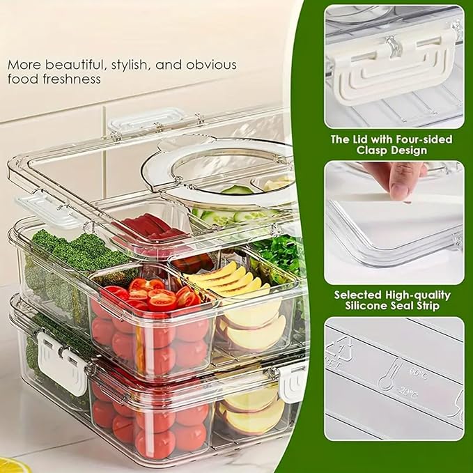 8 Compartment Transparent Plastic Snack Storage Container with Lids, Divided Serving Tray Food Organizer Box Travel Spice Box
