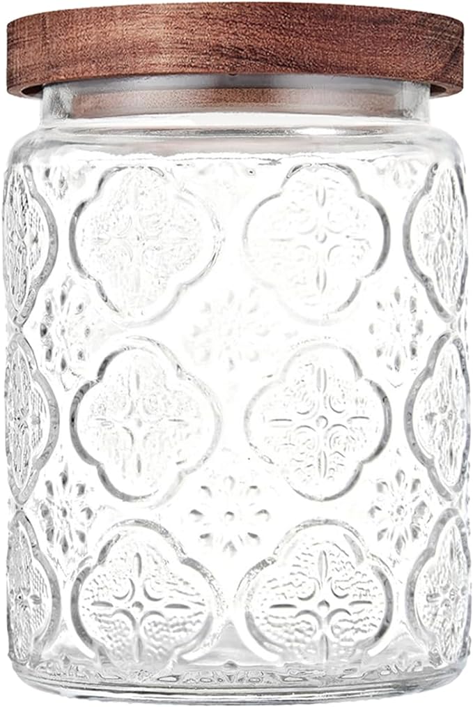 Glass Storage Jars With Airtight Lid, 23.7oz Container For Kitchen Counter with Wooden Lid, brown sugar, candy, coffee, cookie, salt, tea, cute Jar (Begonia Flowers*1)