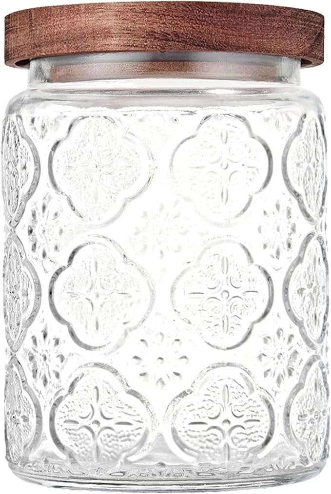 Glass Storage Jars With Airtight Lid, 23.7oz Container For Kitchen Counter with Wooden Lid, brown sugar, candy, coffee, cookie, salt, tea, cute Jar (Begonia Flowers*1)