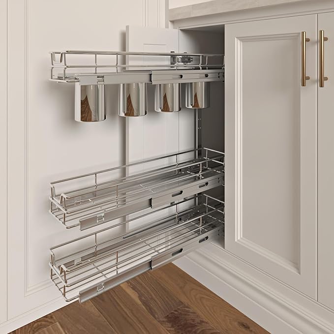 3-Tier 5" W x 21" D Narrow Pull Out Cabinet Organizer, Roll out Spice Rack Holder Shelve, Slide Out Slim Storage Wire Baskets for Storage Organization