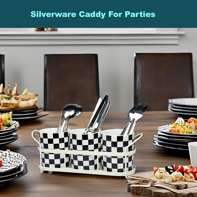 Silverware Caddy Countertop, Utensil Caddy For Party, Cutlery Flatware Organizer Storage, Spoon Fork Holder Basket for Parties Kitchen Coffee Bar Picnic Buffe-Ceramics Black and White Checkered