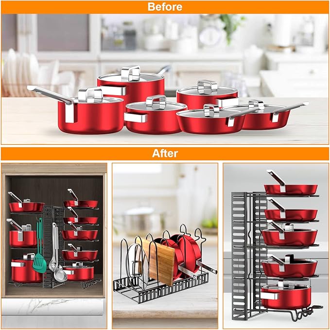 Pots and Pans Organizer for Cabinet with 2 Hooks, Adjustable Pot and Pan Organizer Rack for Cabinet 8 Tiers Durable Steel Construction Pot Rack Space Saving Kitchen Storage