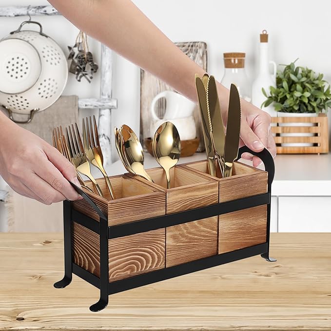 Wooden Utensil Caddy, Farmhouse Kitchen Silverware Holder with 3 Compartment, Flatware Organizer with Black Portable Metal Tray, Utensil Cutlery Organizer for Forks Spoons Knives, Wood