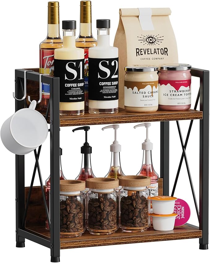 Snughome Coffee Bar Organizer,Kitchen Counter Shelf for Countertop,Wood Kitchen Countertop Organizer,2 Tier Coffee Organizer Station for Countertop (Rustic Brown, Medium)