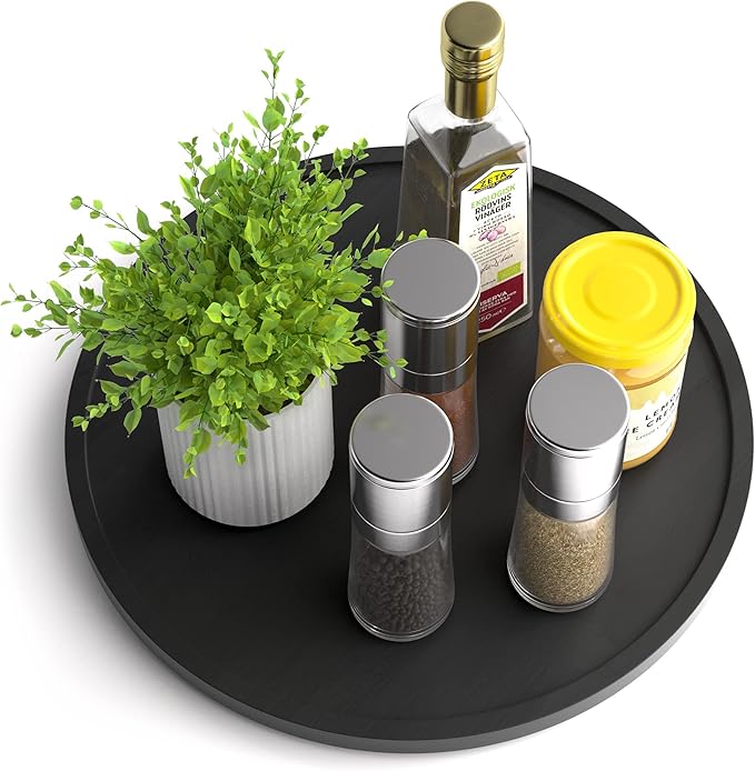 Lazy Susan Organizer Homerays 12 Inch Non-Skid Bamboo Lazy Susan for Kitchen Rotating Spice Rack for Kitchen Cabinet, Wood Turntable for Kitchen Countertop Organizer Black