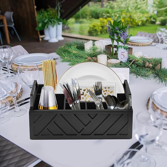 Paper Plate Dispenser and Holder for Kitchen Counter, Wood Rustic Silverware Utensil Caddy, Cutlery Flatware Organizer Box for Cups Spoons Forks Napkins, Kitchen Accessories (Black)