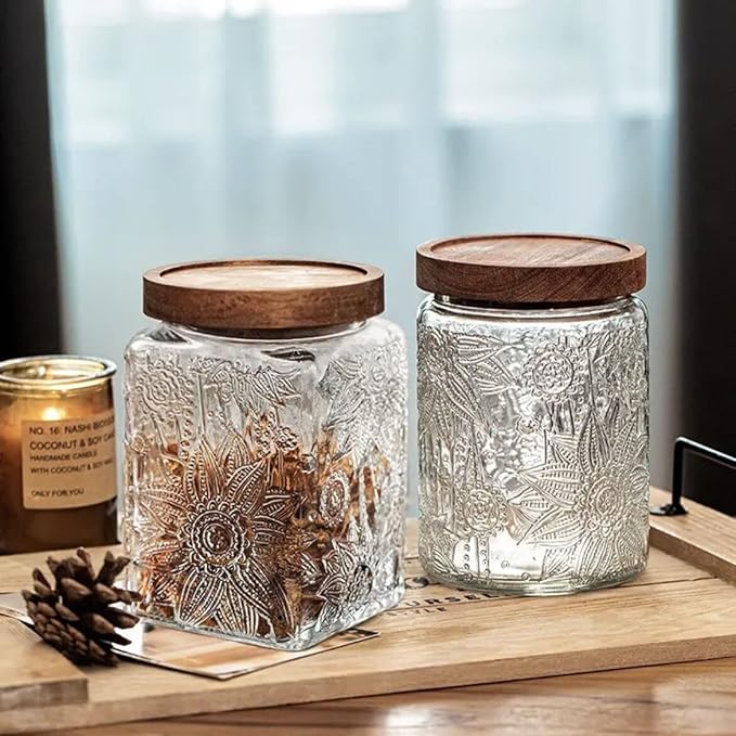 Vintage Glass Jar, 23.7 FL OZ Glass Food Storage Container, Decortive Glass Jar with Airtight Lid, Cookie Jar Sugar Container for Kitchen Counter Holds Coffee, Tea, Sugar or Bath Salts (Sunflower)