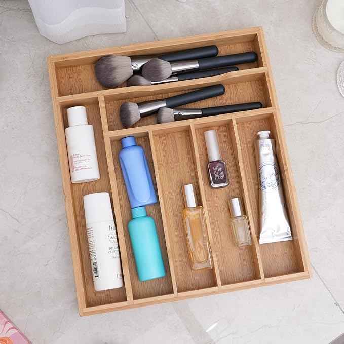 Bamboo Kitchen Drawer Organizer, Utensils Organizer Cutlery Tray Holder, 7-Slot Drawer Divider for Silverware, Flatware