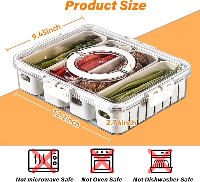 2 Pcs Portable Picnic Parties Fruit Tray, Fridge Food Veggie Condiment Divided Serving Preservation Storage Containers, Kitchen Clear Snackle Box Candy Organizer with Lid Handle