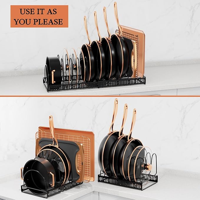 Expandable Pot and Pan Organizer Rack - Adjustable Kitchen Cabinet Holder for Pots, Lids, and Pans