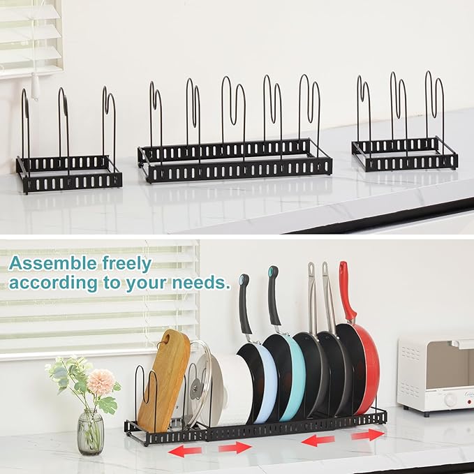 X-cosrack 15 Adjustable Dividers Pot and Pan Organizer Rack, 7"D x 32"W x 7.1"H, 3 in 1, Expandable Lid Bakeware Cupboard Rack Holder for Kitchen Cabinet Pantry Countertop, Black (Patent Pending)