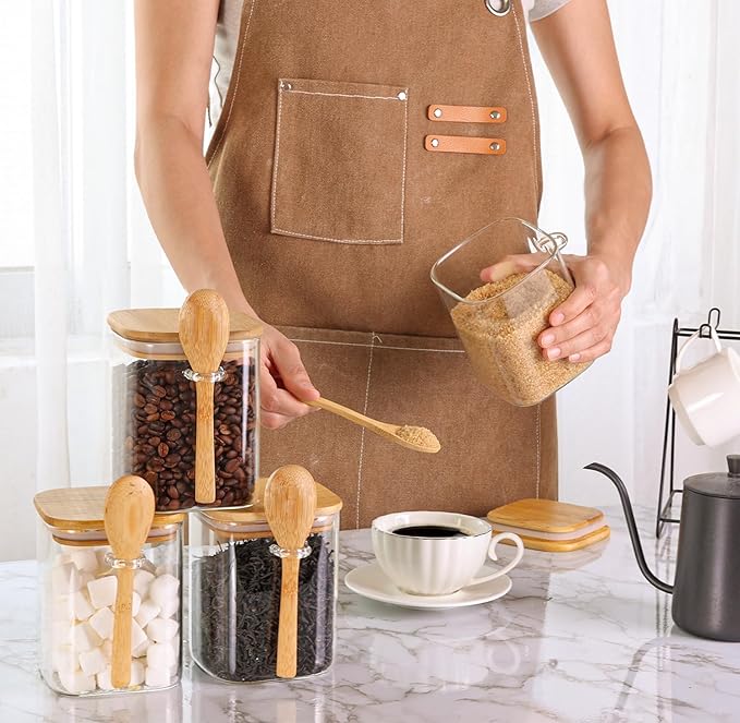 ComSaf 27oz Glass Jars with Bamboo Lids & Spoons Set of 4, Square Glass Containers with Lids, Sugar Coffee Containers Salt Spice Jars, Pantry Storage Container for Loose Tea, Candy, Brown Sugar, Nuts