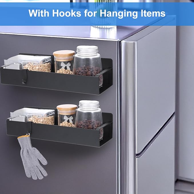 MAQUITA Magnetic Spice Rack for Refrigerator,Spice Organizer Magnetic Shelf for Fridge Side,Magnetic Storage Shelves for Kitchen,Small Kitchen Storage Rack with Magnetic Hooks Rack(3 Pack)