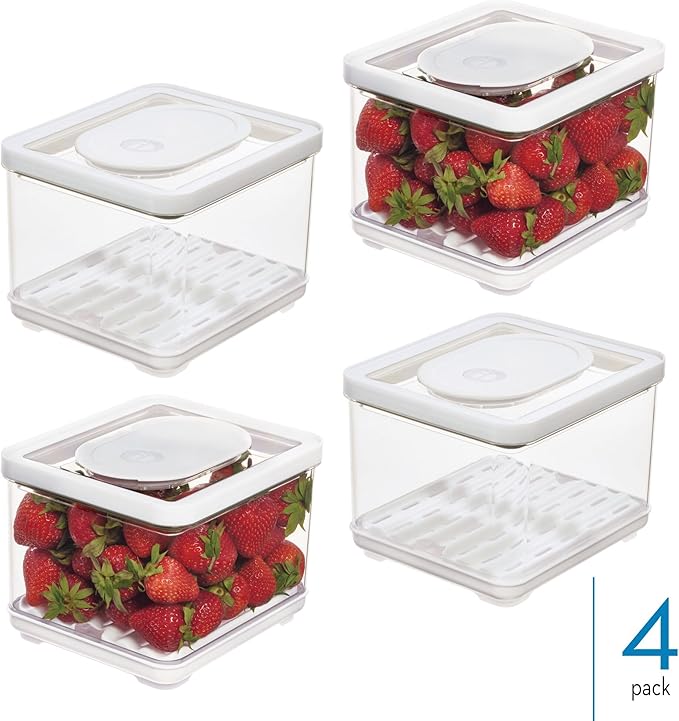 iDesign Fridge Produce Bin with Removable Drainage Tray and Lid - Set of 4 - Clear