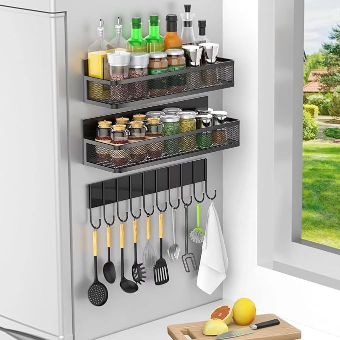 Magnetic Spice Rack for Refrigerator, 3 Pack Magnetic Shelf, Moveable Magnetic Fridge Organizer with 10-Hook Rack, Seasoning Organizer for Kitchen Organization and Storage