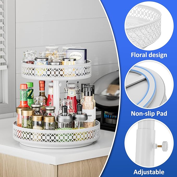 Lazy Susan Organizer 2 Tier - Turntable Spice Rack 12 inch Adjustable Metal Rotating Lazy Susan for Cabinet Pantry Kitchen Countertop Dining Table Cupboard Bathroom Vanity Storage White
