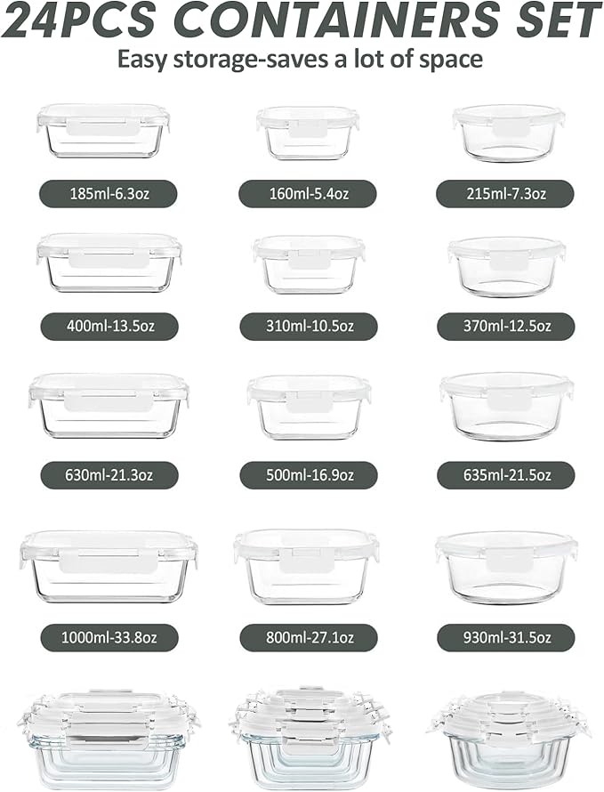 VERONES 24 Pieces Glass Food Storage Containers Set, Airtight Glass Lunch Containers, Glass Meal Prep Containers with Lids,Exclusive of BPA, for Microwave, Oven, Freezer & Dishwasher Friendly,White