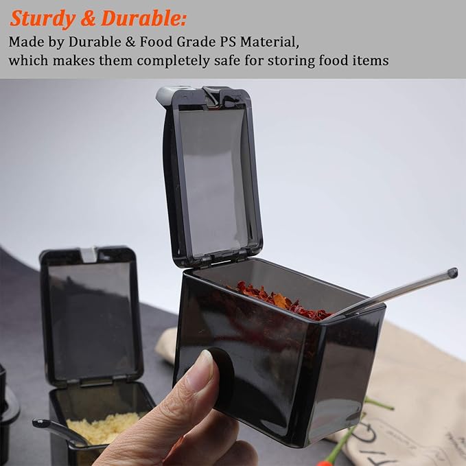 V·RESOURCING [ New Version Elegant Black Seasoning Box, 4 Pieces Seasoning Storage Container Cruet for Home Kitchen,Condiment Jars with Cover and Spoon for Pepper Spice Salt Sugar Storage